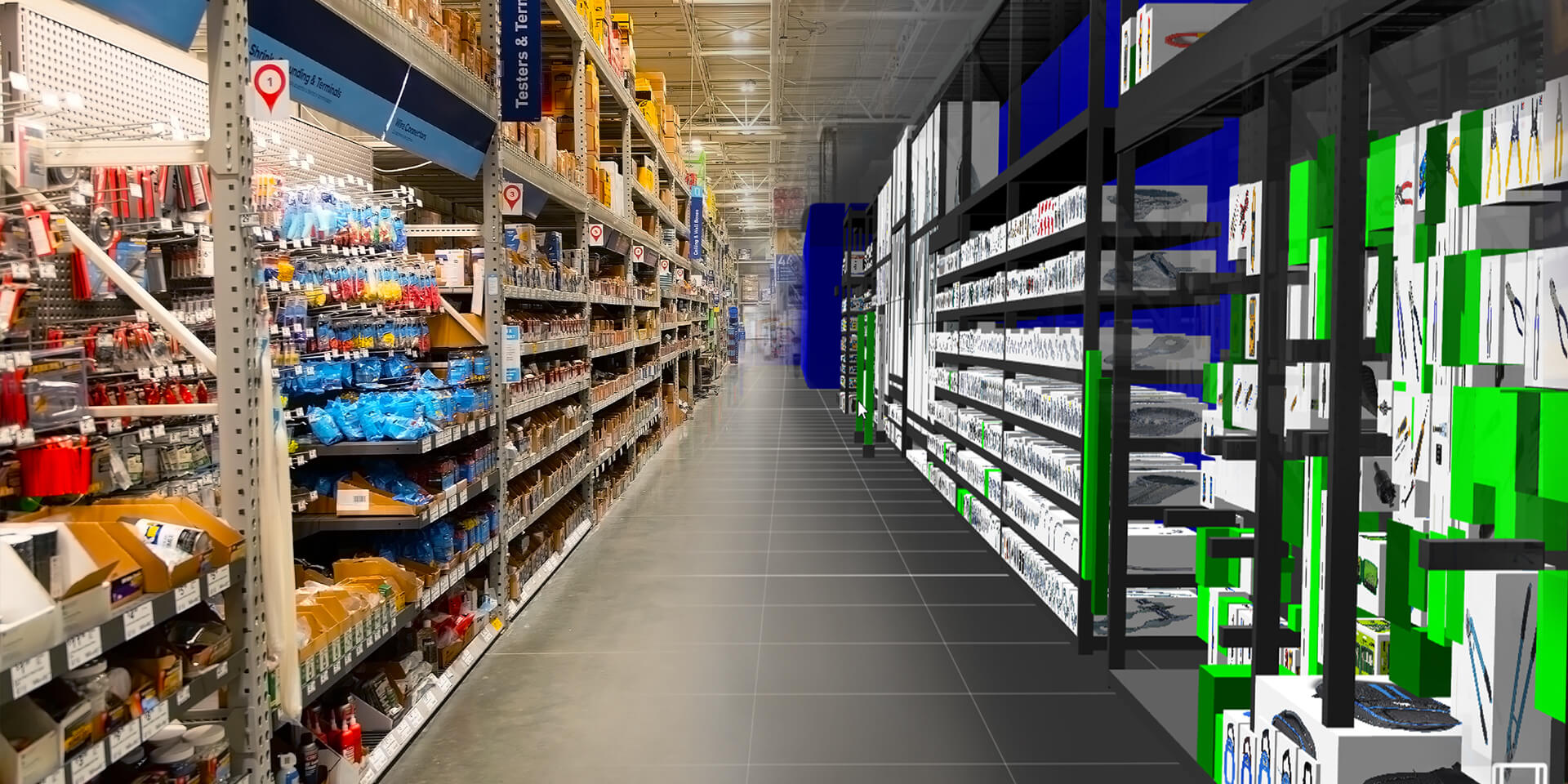 Store aisle in Lowe's Home Improvement in a split view of real life and the store Digital Twin digital representation.