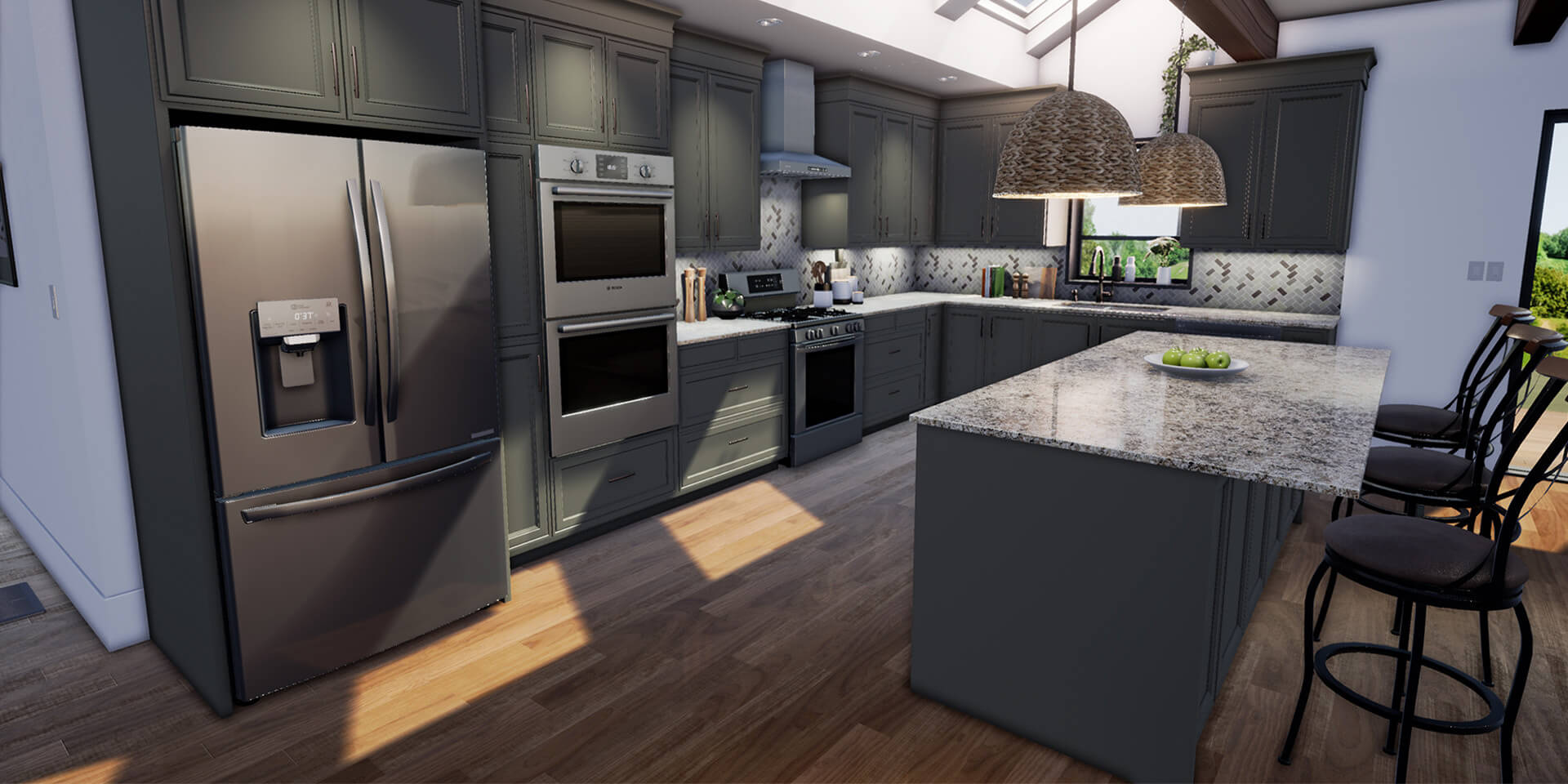 Digital rendering of kitchen using Lowe's Home improvements Infinite Kitchen AR software.