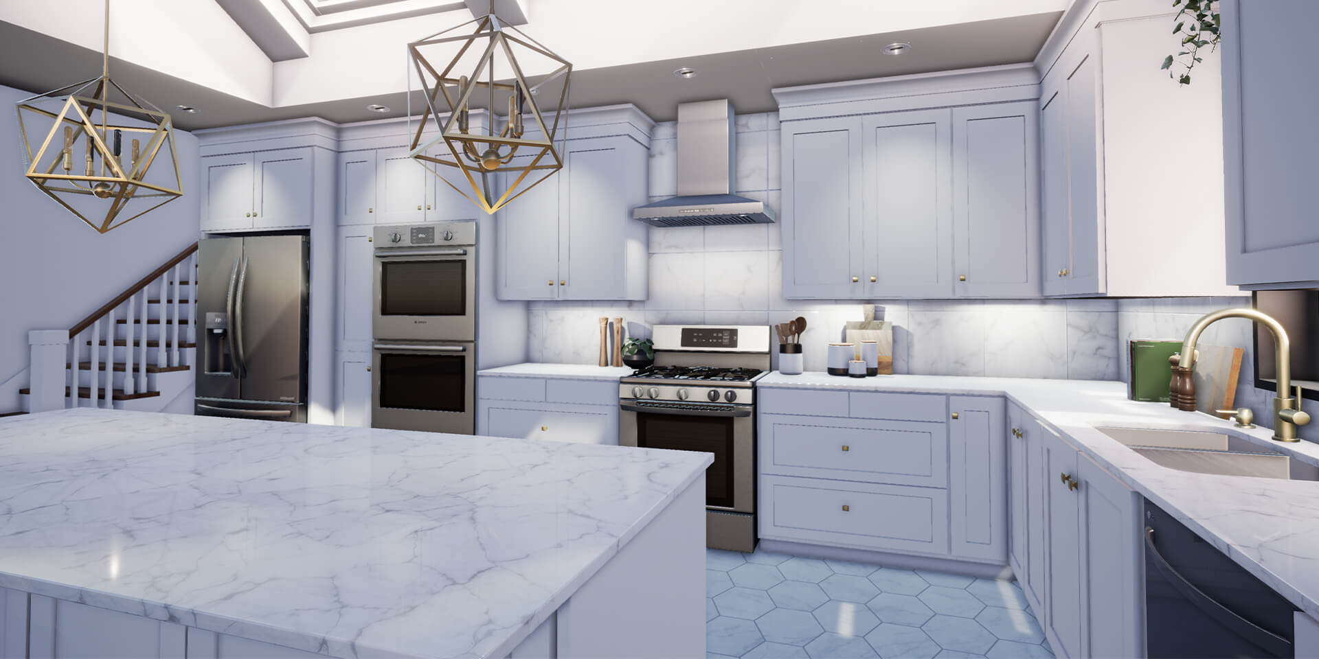 Digitally rendered kitchen with white cabinets and white countertops.