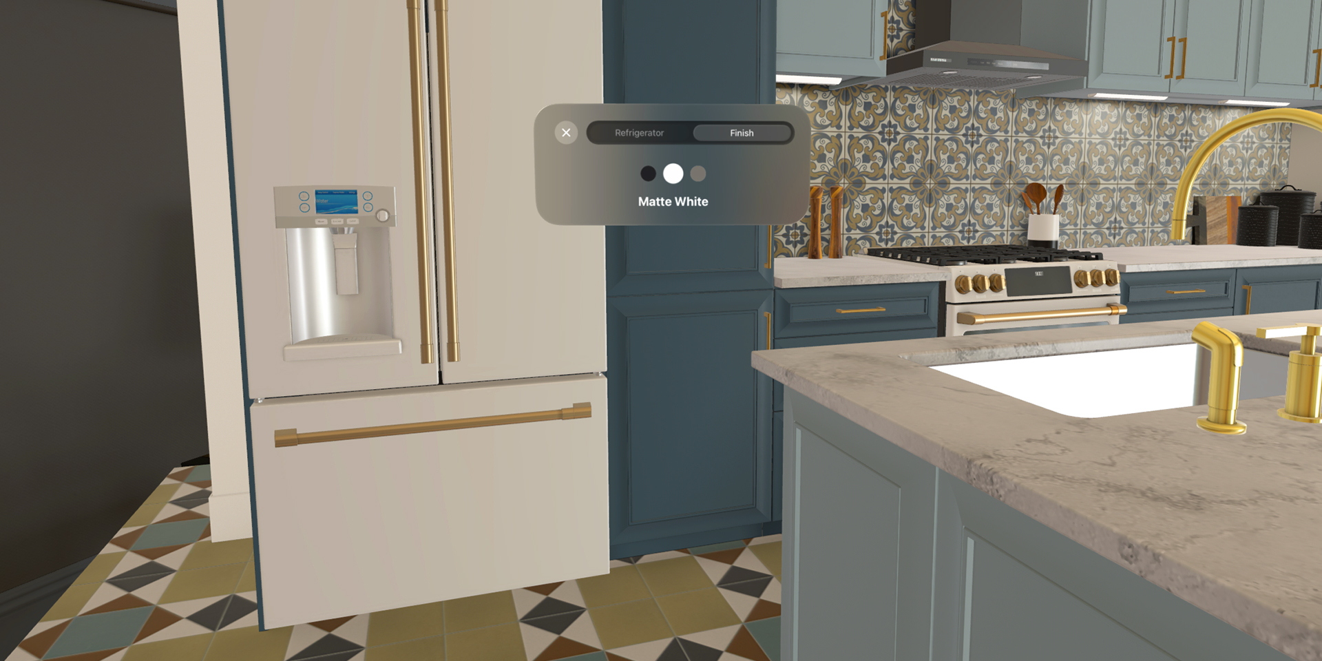 White Refrigerator selection of multiple refrigerator colors seen in the Maximalist Kitchen style inside the Lowes Style Studio experience. 