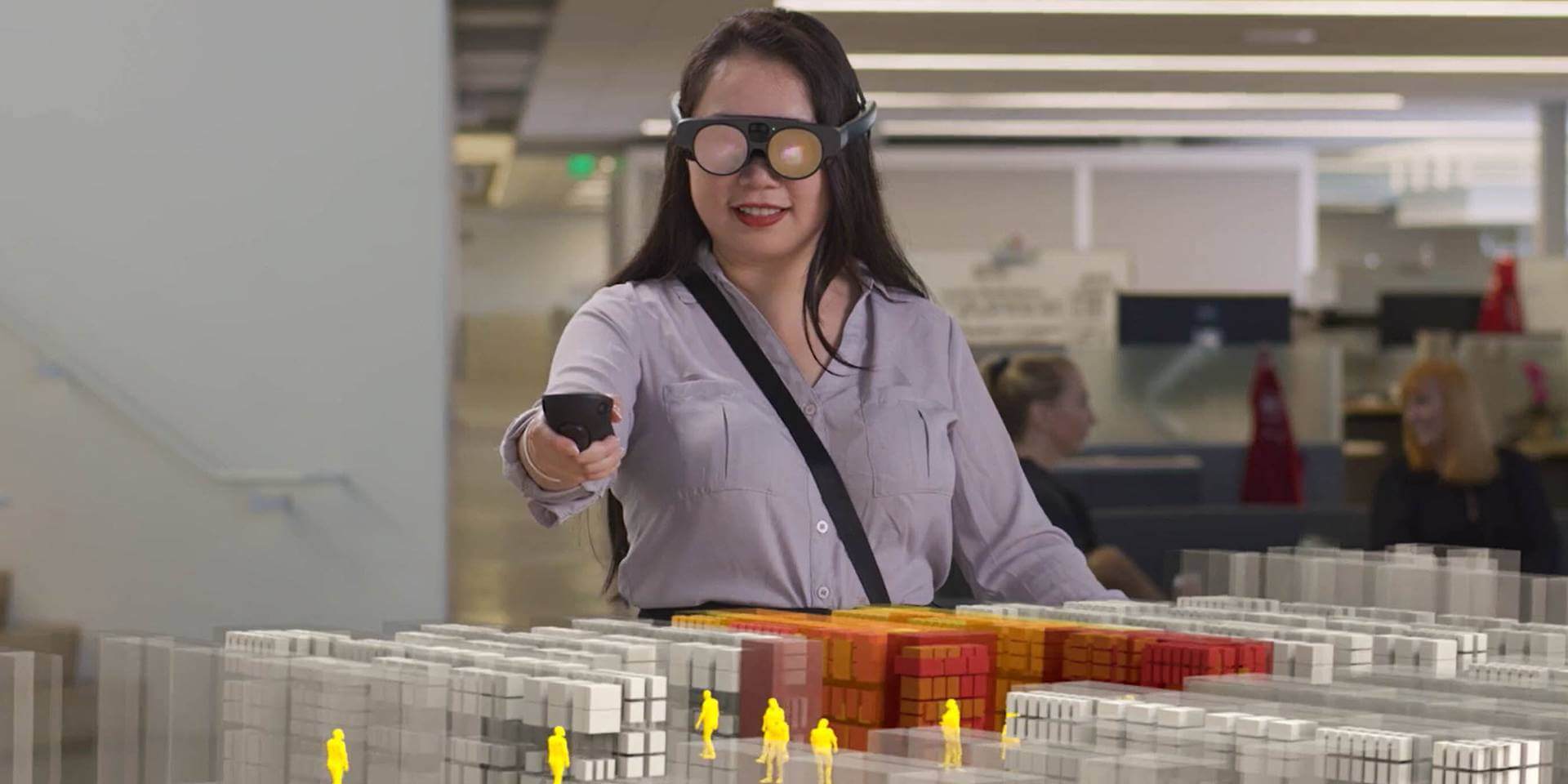 Female wearing MagicLeap2 AR Headset viewing a simulated 3D store experience. 